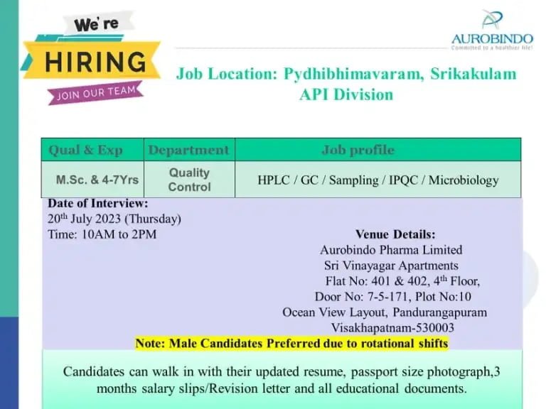 Aurobindo Pharma – Walk-In Interviews