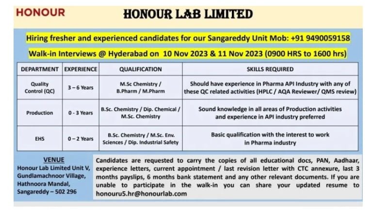 Honour Lab Limited - Walk-In Interview