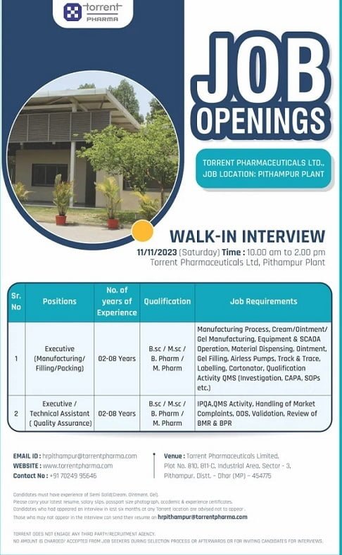 Torrent Pharmaceutical Limited- Walk-In Interview