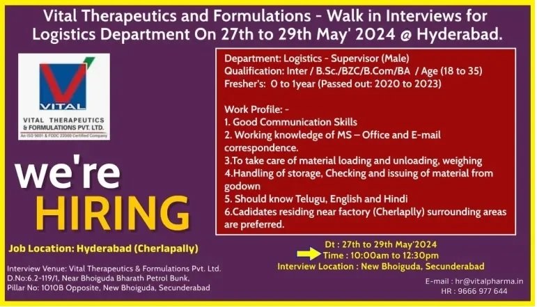 Walk in Interviews for Logistics Department