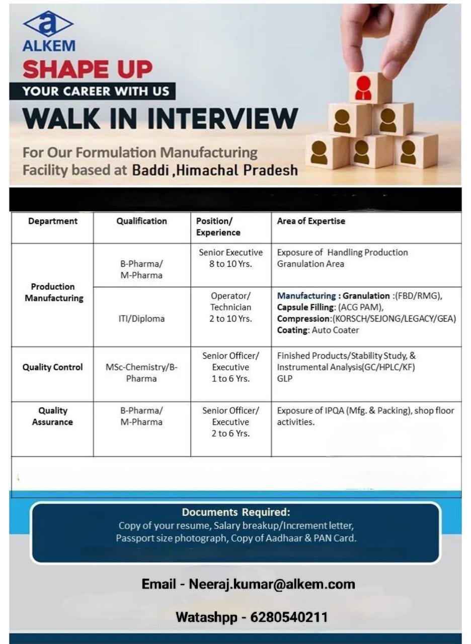 ALKEM-WALK IN INTERVIEW Apply