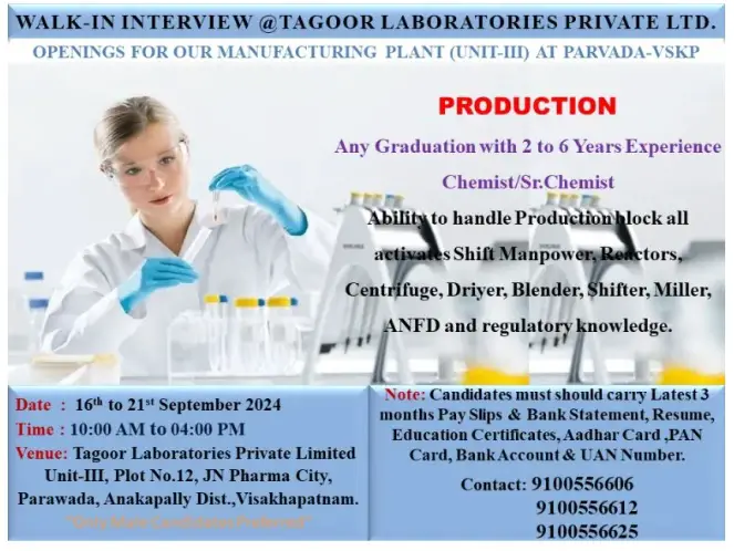 TAGOOR LABORATORIES PRIVATE LTD.-INTERVIEW FOR OUR MANUFACTURING PLANT ON 16th to 21st Sept' 2024 @ (UNIT-III) AT PARVADA-VSKP