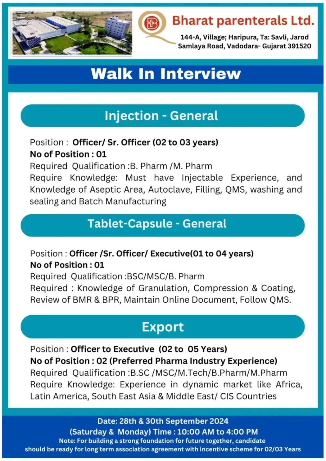 Bharat parenterals Ltd.-Walk In Interview