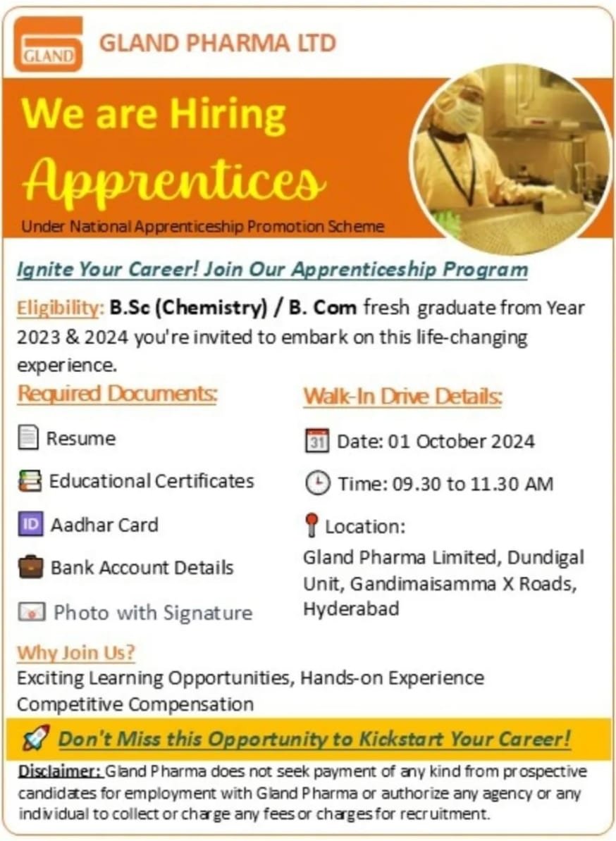 GLAND PHARMA LTD-Interview for Apprentices on 1st Oct.2024