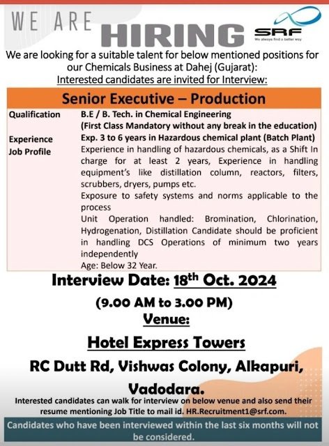 SRF- Walk In Interview For Production on 18th Oct'2024