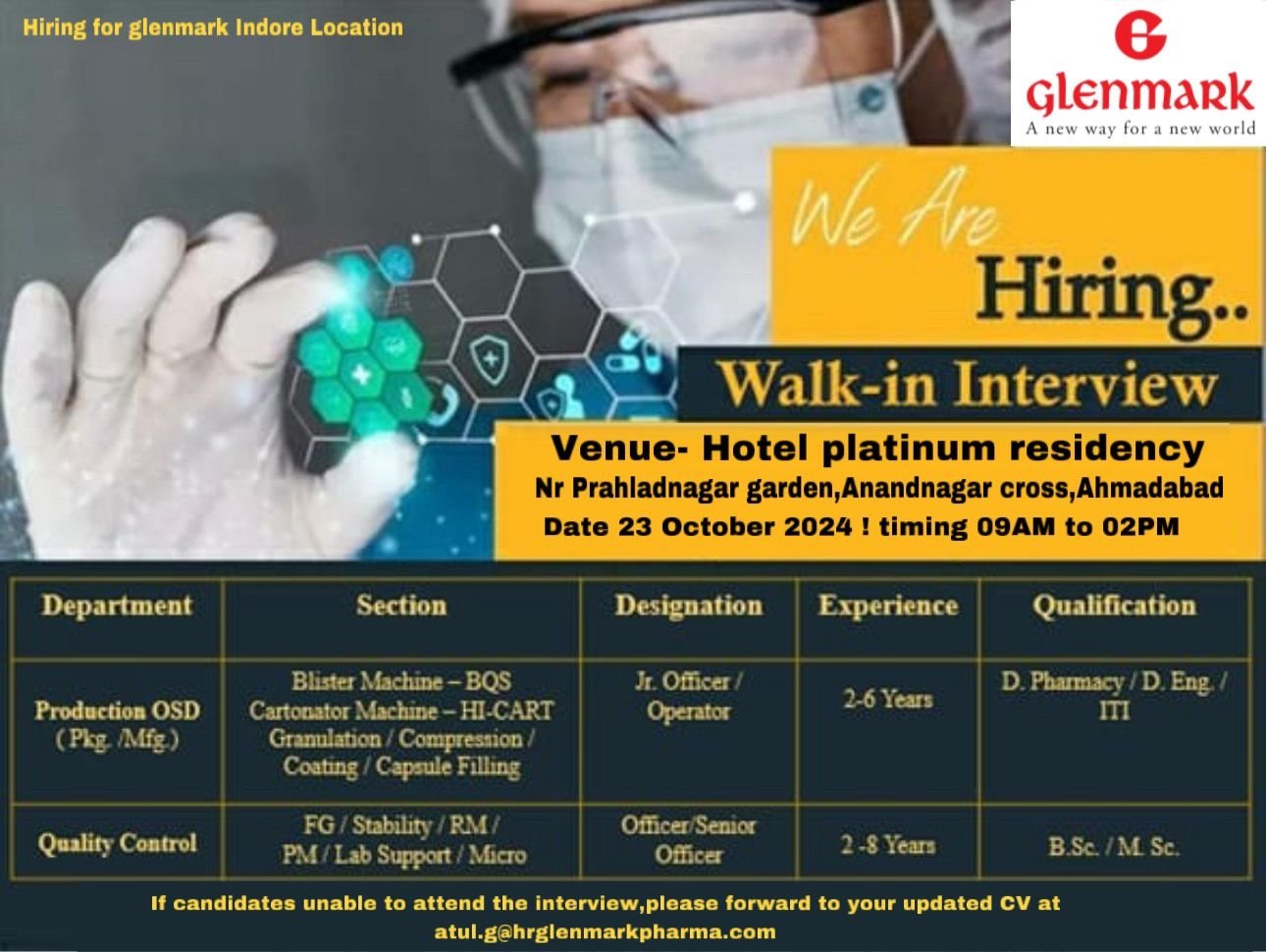 GLENMARK-Walk-in Interview on 23 October 2024