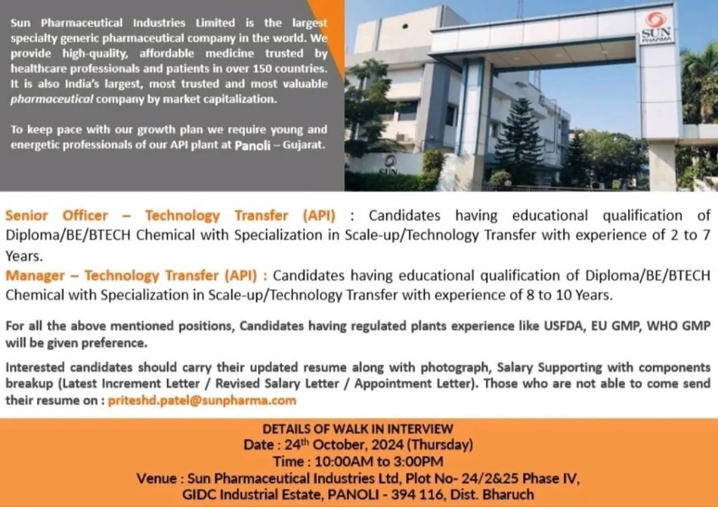 Sun Pharmaceutical Industries Ltd- Walk In Drive on 24th Oct' 2024 