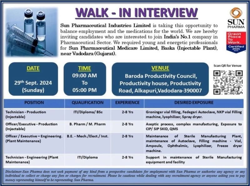 Sun Pharmaceutical Industries-WALK-IN INTERVIEW on 29th Oct'2024