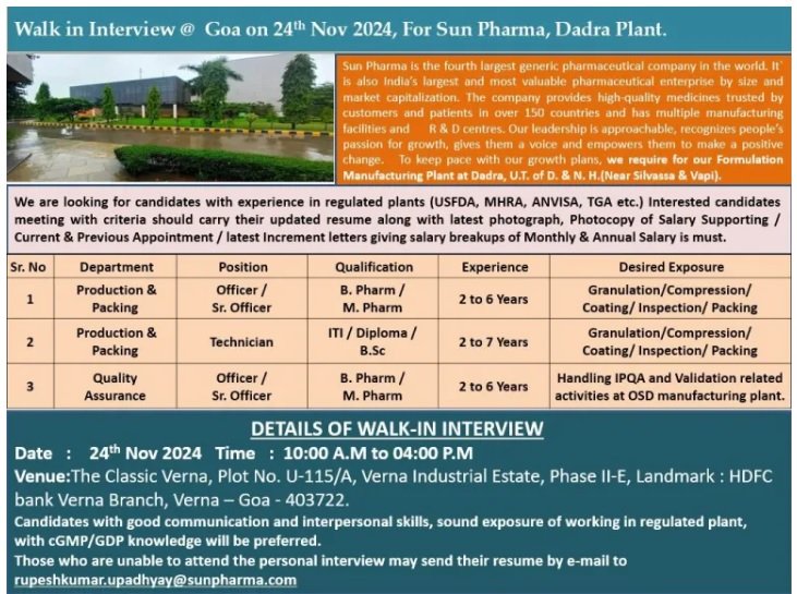 Indeed Jobs- Sun Pharma,-Walk in Interview @ Goa on 24th Nov 2024, For  Dadra Plant.