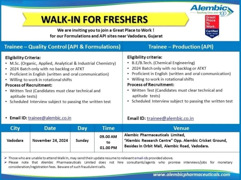 Indeed Jobs Alembic Pharmaceuticals-Walk-in Jobs