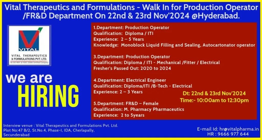 Indeed Jobs Vital Therapeutics and Formulations – Walk – Ins