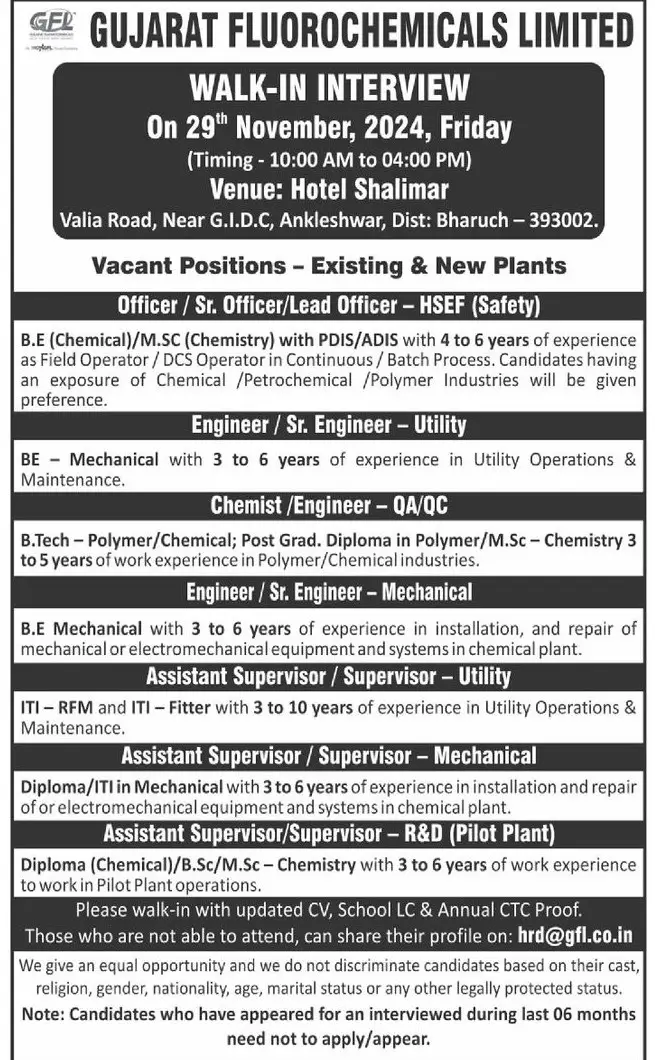 Indeed Jobs GUJARAT FLUOROCHEMICALS- Walk In Interview