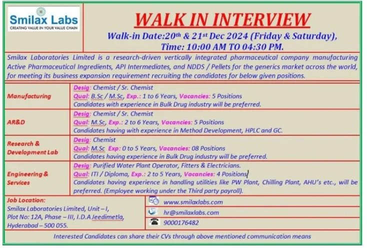 Indeed Jobs Smilax Laboratories - Walk-In Interview