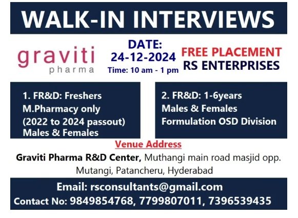 Indeed Jobs Graviti Pharma - Walk-In Interview