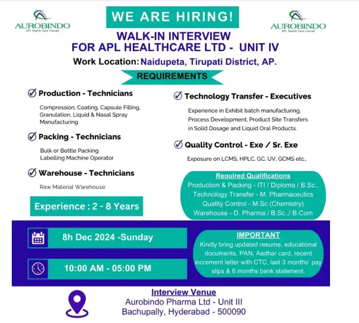 Indeed Jobs AUROBINDO APL -WALK-IN INTERVIEW