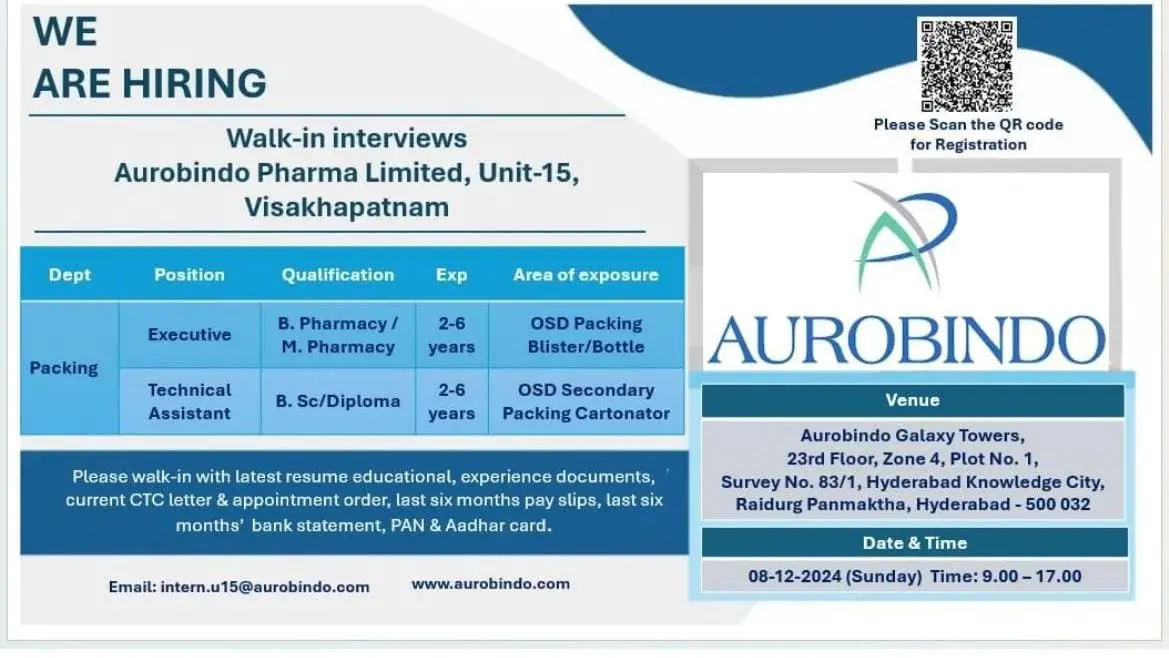 Indeed Jobs Aurobindo Pharma- Walk In Interview