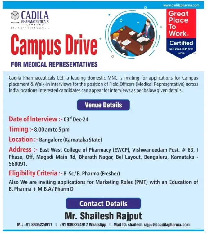 Indeed Jobs CADILA PHARMACEUTICALS LIMITED-Campus Drive