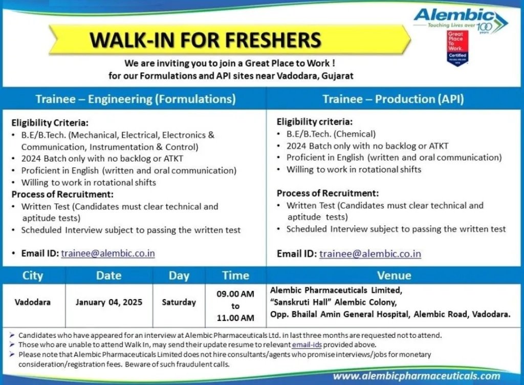 Indeed Jobs Alembic Pharmaceuticals-Walk In Drive